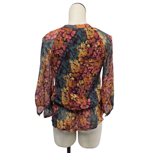 Sundance Womens 100% Silk Floral Peasant Blouse Sz XS Button Up Long Sleeve Boho - Picture 2 of 8